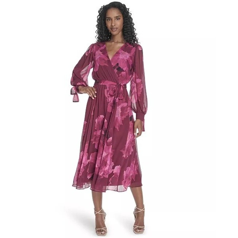 NWT Calvin Klein Dress Women Burgundy Pink Floral Faux Wrap Midi 20W $159